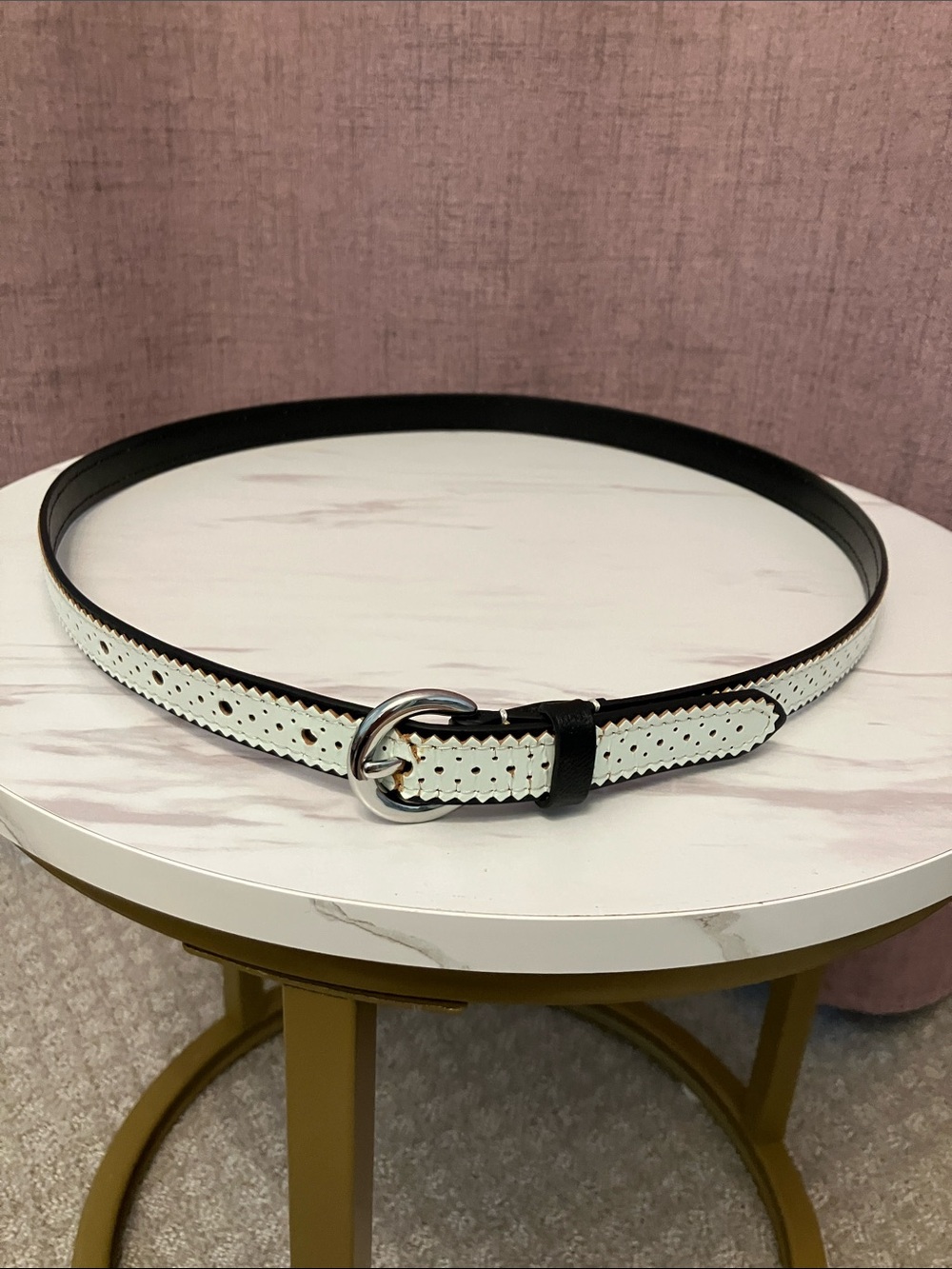 LOFT White Perforated Belt with Black Edging and Silver Ring Buckle